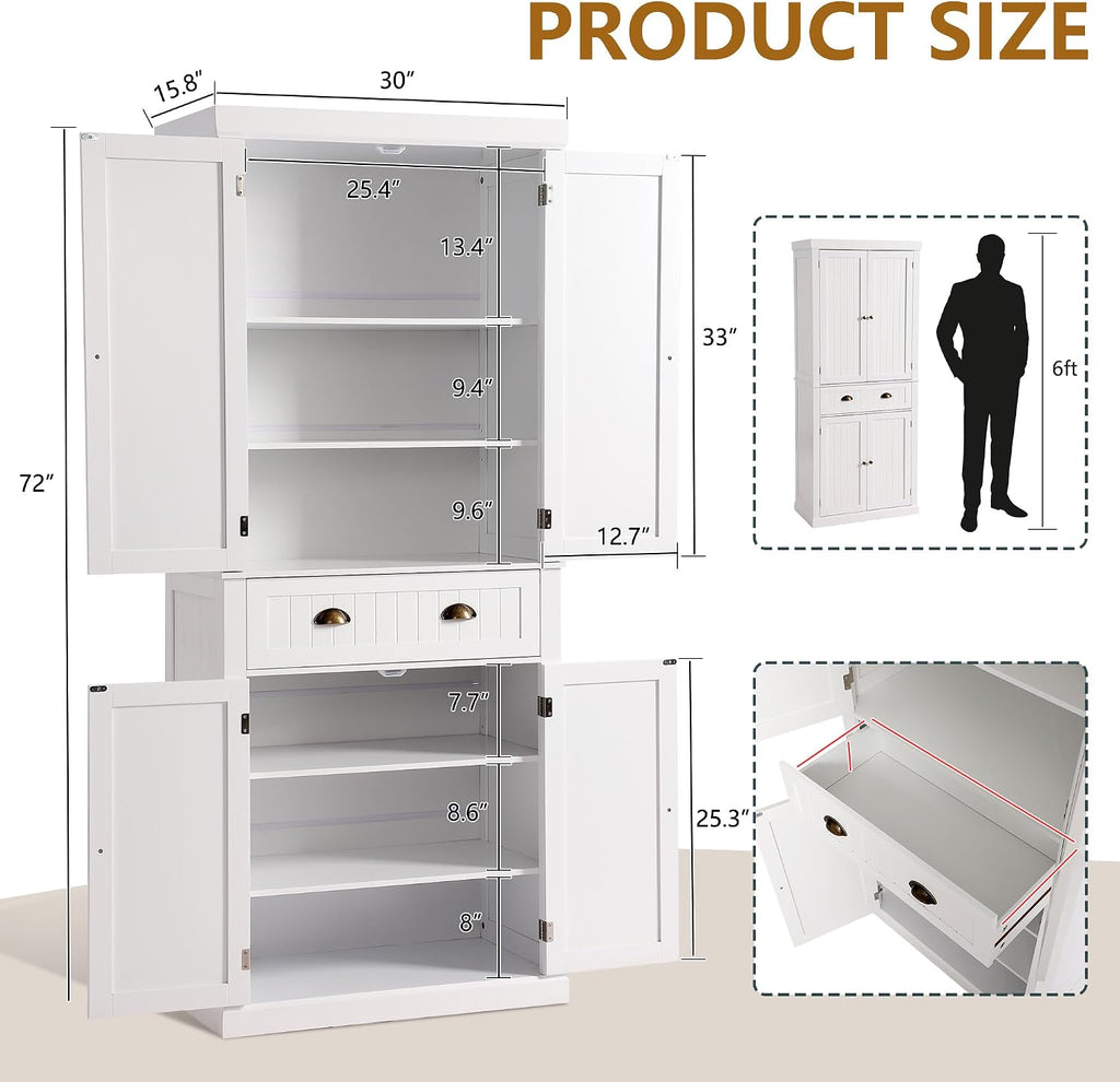 LOUVIXA 72" Kitchen Pantry Storage Cabinet, Freestanding Cupboard with 2 Cabinets, Drawer and Adjustable Shelves, Tall Storage Cabinet for Kitchen, Dinning Room, Living Room (White)