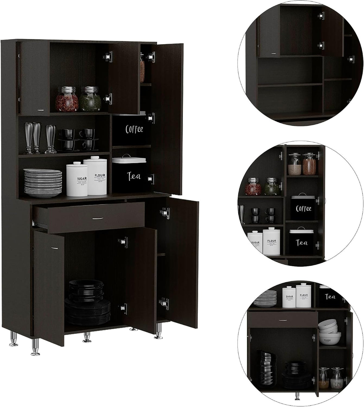 Kitchen Pantry Cabinet, Two Open Shelves, One Drawer, Multiple Cabinets, Black