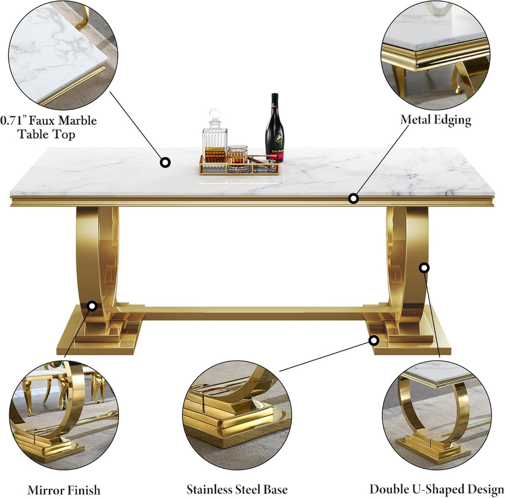 5 Pcs Dining Table Set, Kitchen and Dining Room Table Set for 4, 68" Rectangular White Faux Marble Dining Table with O-Shaped Gold Stainless Steel Base & Velvet Upholstered Beige Chairs