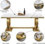 5 Pcs Dining Table Set, Kitchen and Dining Room Table Set for 4, 68" Rectangular White Faux Marble Dining Table with O-Shaped Gold Stainless Steel Base & Velvet Upholstered Beige Chairs