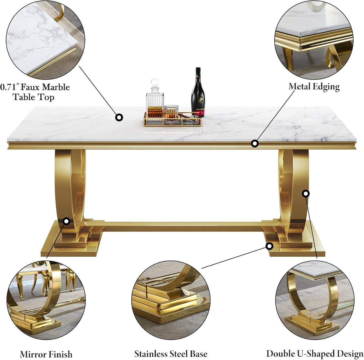 5 Pcs Dining Table Set, Kitchen and Dining Room Table Set for 4, 68" Rectangular White Faux Marble Dining Table with O-Shaped Gold Stainless Steel Base & Velvet Upholstered Beige Chairs