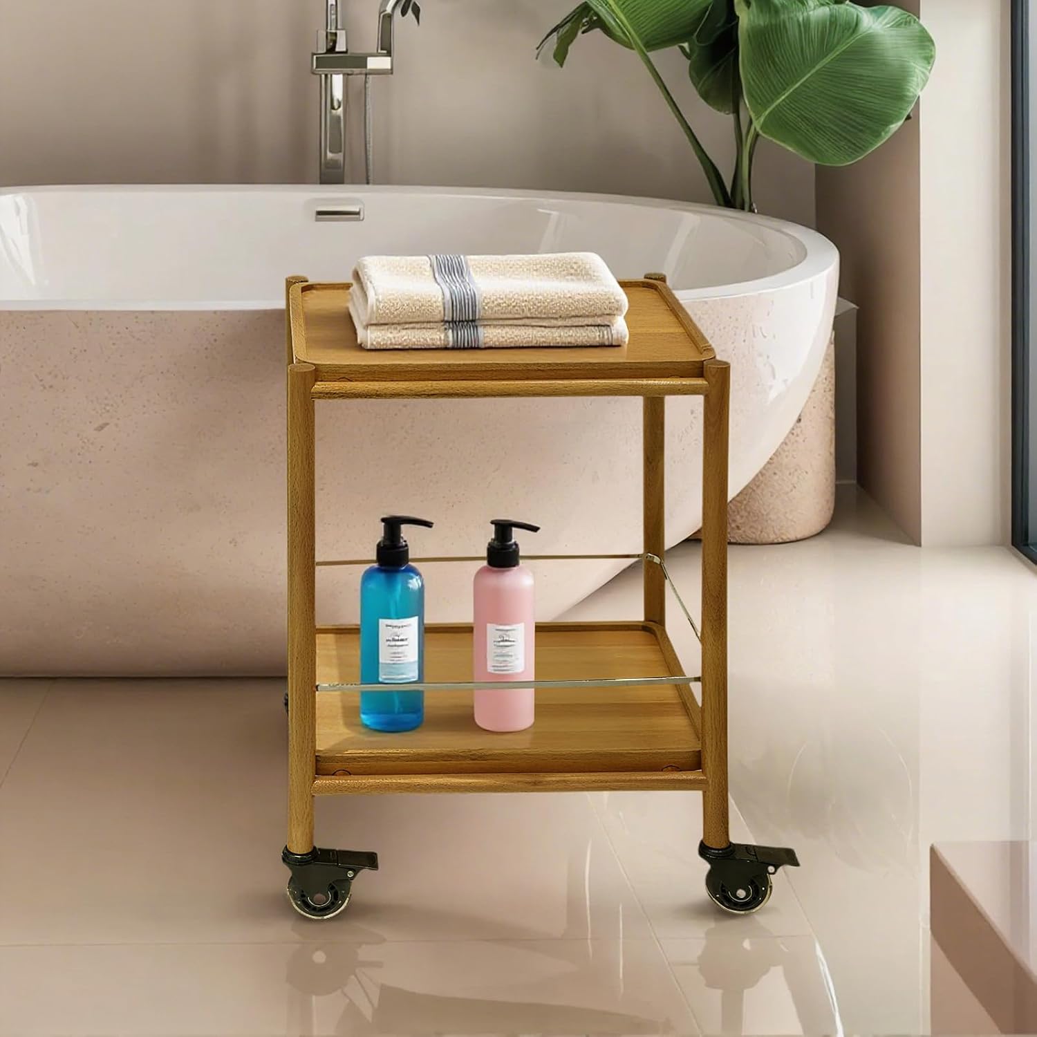 Acacia Wood Rolling Side Table, 2-Tier with Lockable Wheels & Removable Tray, Sturdy Durable for Bar Cart, Nightstand, End Table, Sofa Table