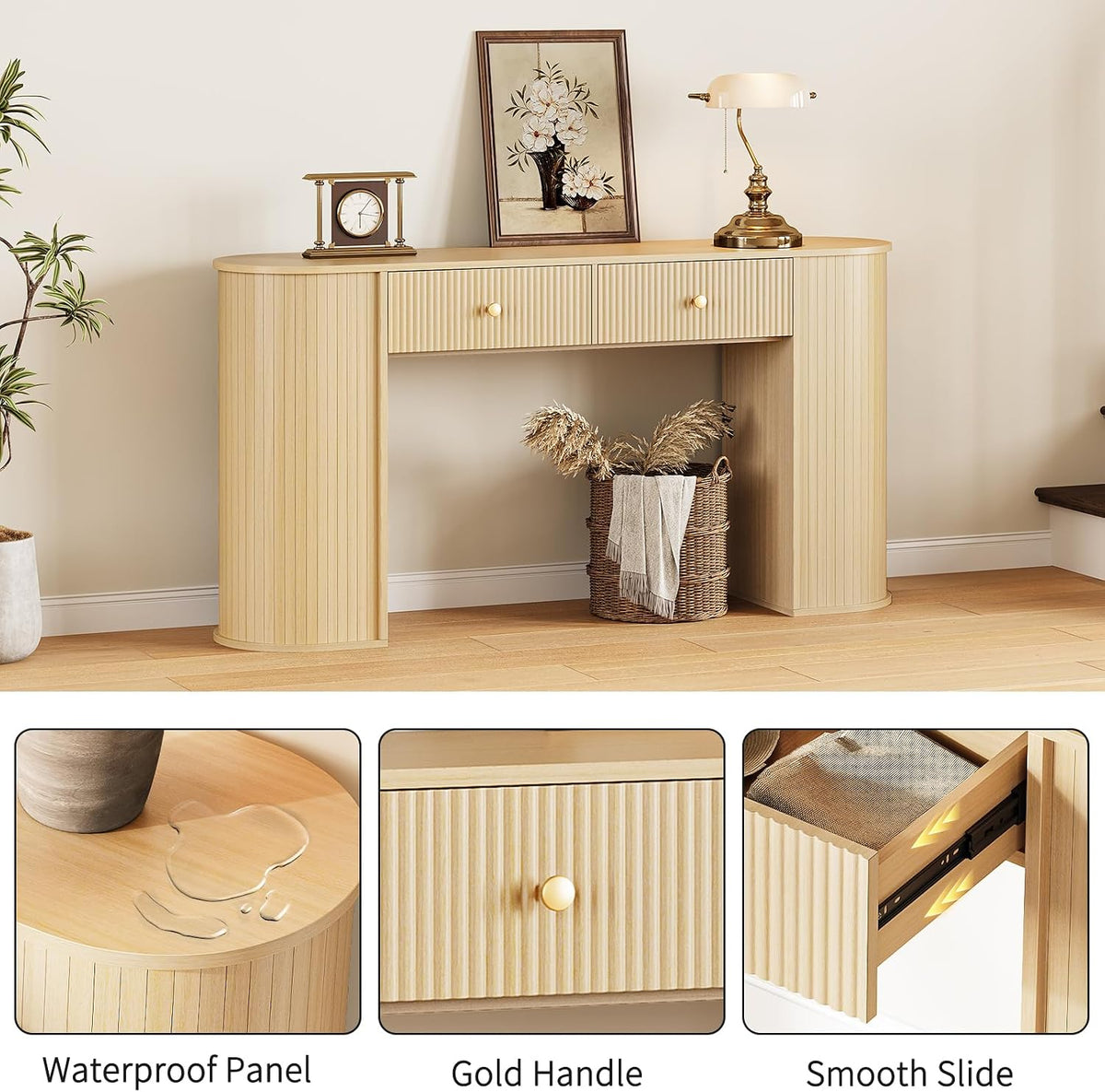 59" Fluted Console Table with 2 Drawers - Wood Entryway Table with Storage, Long Modern Sofa Tables Behind Couch with Curved Leg for Living Room, Entry, Hallway, Entrance, Foyer, Oak Natural