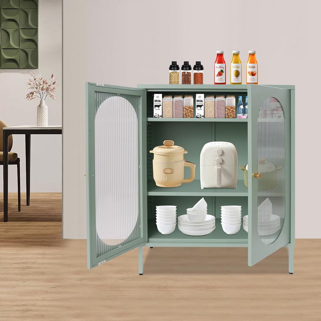 Accent Cabinet with Glass Doors – 3 Tier Storage, Modern Coffee Bar Station Pantry Cupboard Accent Cabinet for Kitchen Living Room Bedroom Bathroom, 31.5"x15.8"x40"(Green)