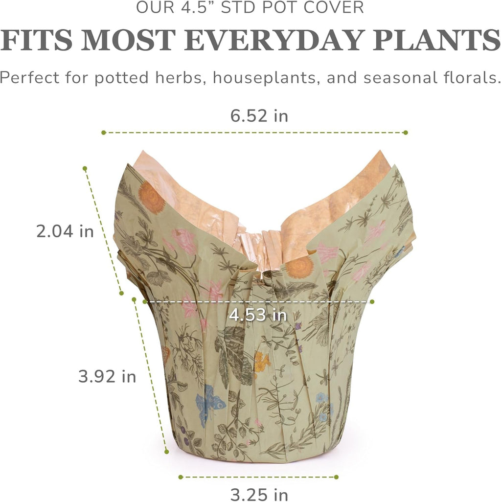 Premium 4.5” STD Plant Pot Covers, Decorative Plant Sleeve for Indoor & Outdoor House Plants, Reusable and Gift-Ready for Flower Pots, Green-Print, Pack of 5