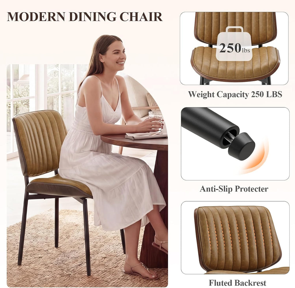 MALOL Leather Dining Chairs Set of 6, Modern Upholstered Dining Room Kitchen Chairs with Metal Legs and Wooden Back Support for Home Dining Room/Restaurant, Light Brown