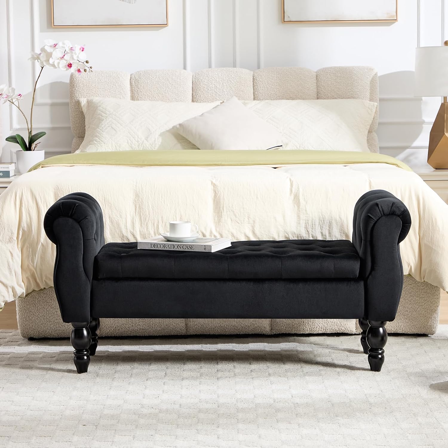 47″ Storage Bench with Arms End of Bed Bench,Velvet Entryway Bench with Storage, Button Tufted Upholstered Ottoman Bench Wood Legs, Window Sitting Bench for Bedroom/Living Room/Hallway, Black