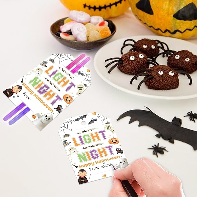 50pcs Halloween Glow Stick Holder Tags, A Little Bit of Light for Halloween Night Tags for Halloween Party Favor and Gift Wrapping Decoration (Light)