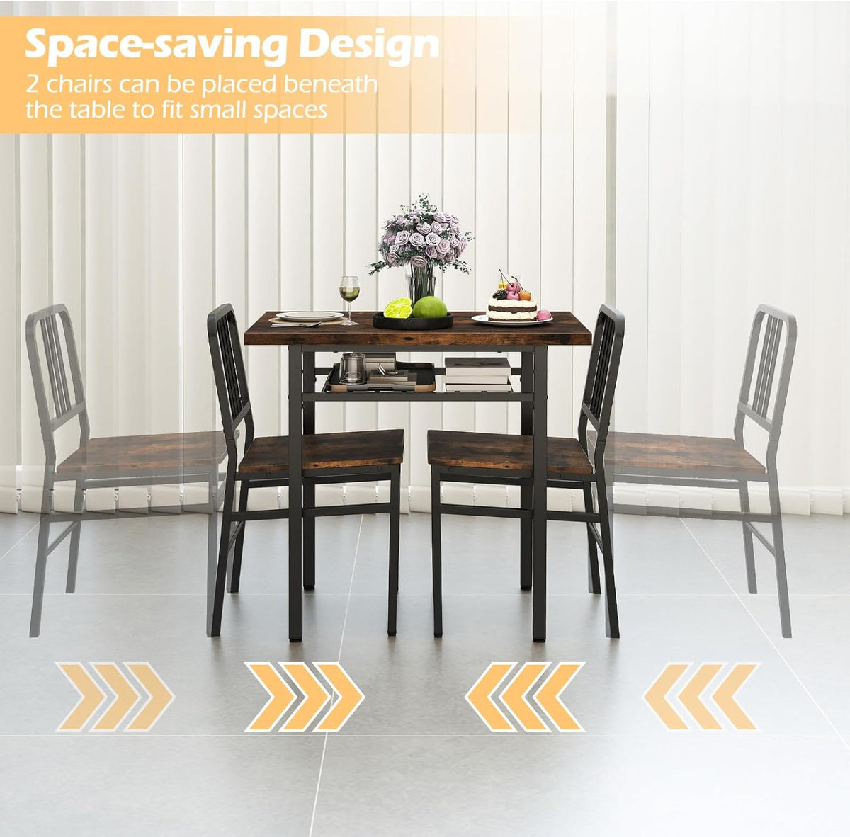 GOFLAME 3-Piece Dining Table Set for 2, Wooden Rectangular Kitchen Table and 2 Chairs with Storage Rack and Metal Frame, Space-Saving Dinette Set for Dining Room, Apartment, Small Space, Rustic Brown