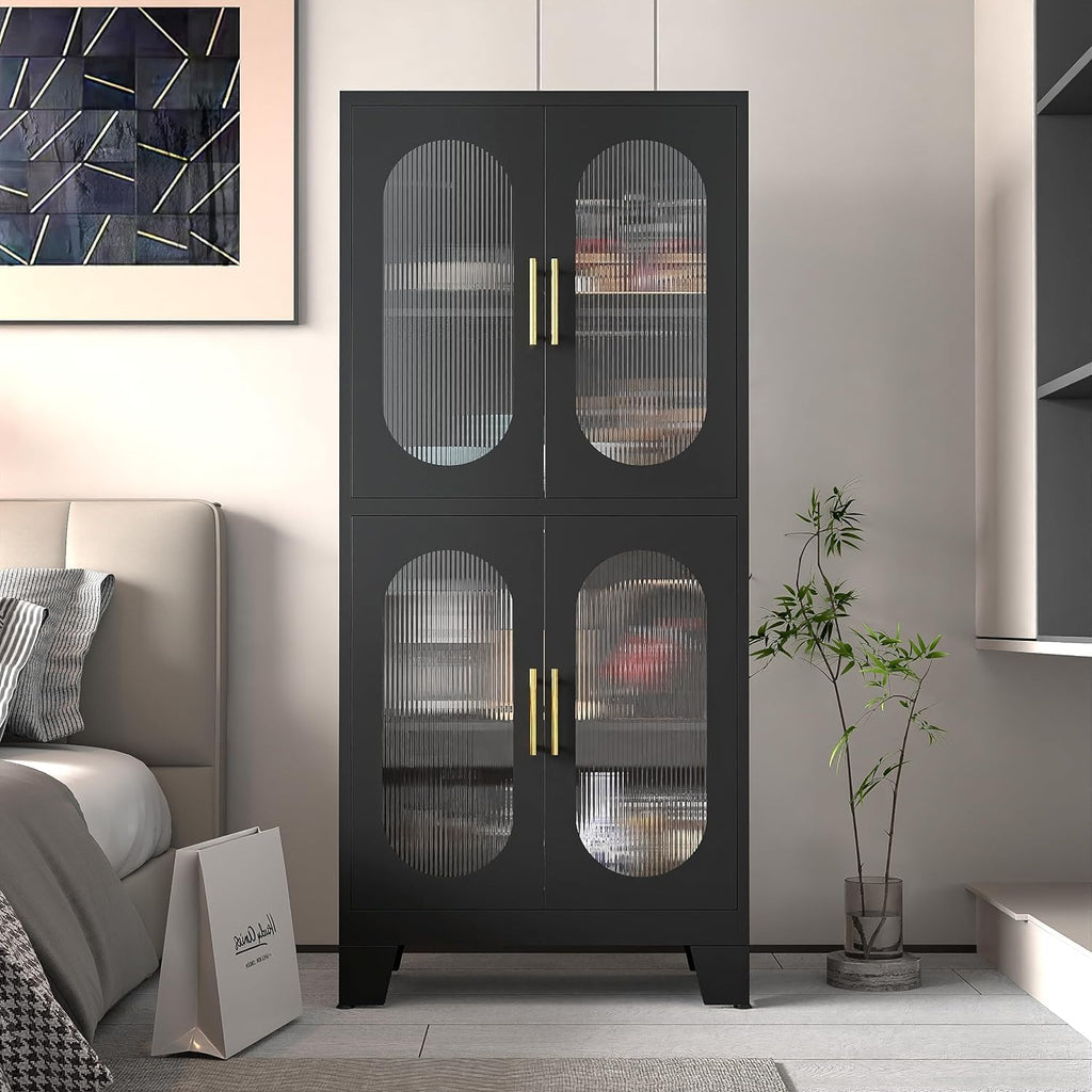 Erosoei Pantry Cabinet, 61" with Acrylic Glass Doors and Adjustable Shelves, Metal Kitchen Cabinet for Multiple Rooms