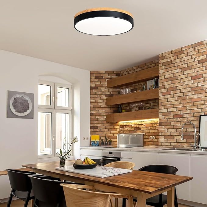 Dimmable Modern Wood Ceiling Light, Black LED 5CCT 2700K-6000K Flush Mount Ceiling Lighting Fixture, Round Light Fixtures for Kitchen Living Room Dining Room Bedroom 15.8in