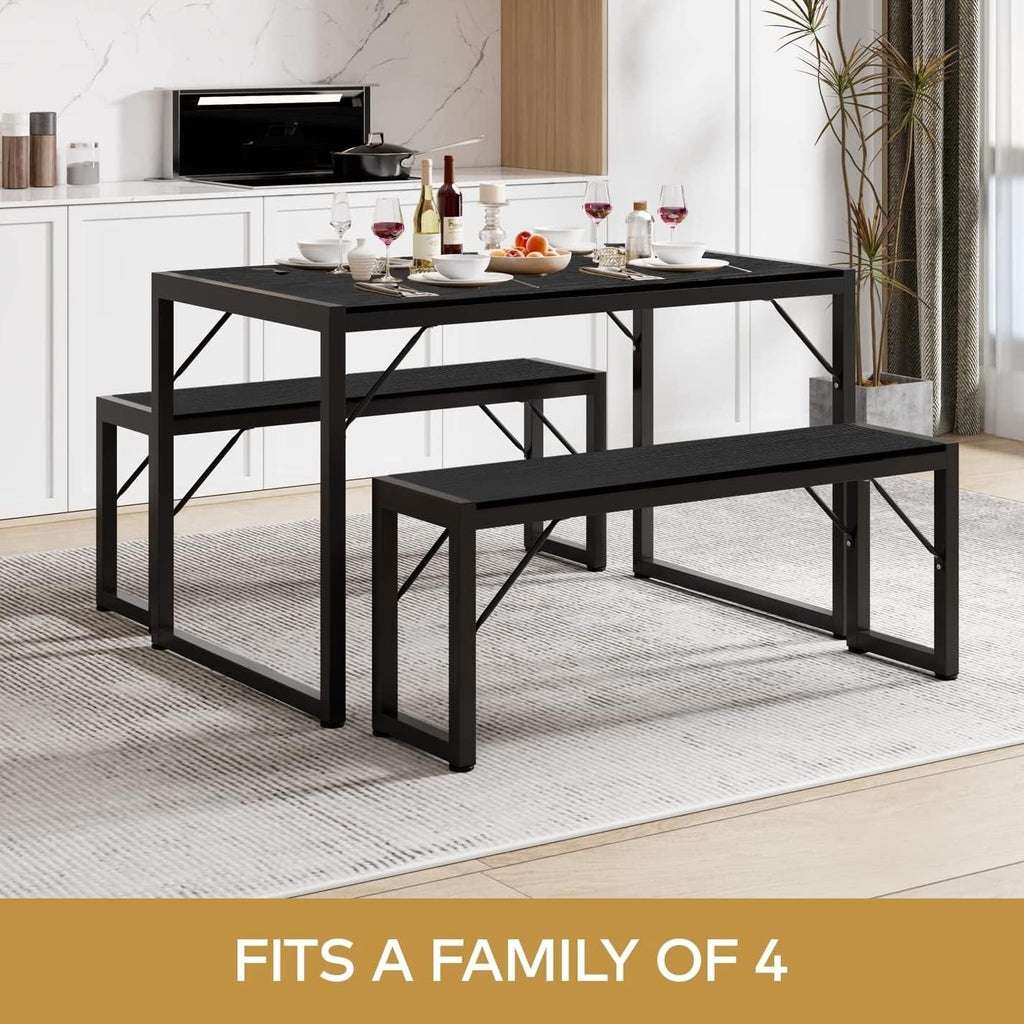 Gizoon 45.5" Dining Table Set for 4, Kitchen Table with 2 Benches Black | Space-saving black 4-person table set with 2 benches. Steel frame & MDF board. Benches tuck under table. 330lbs capacity.