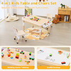 4 in 1 Kids Table and 2 Chairs Set, Large Storage Toddler Table and Chair Set with 4 Side Box, Graffiti/Building Blocks Double-Sided Tabletop, Multi-Functional Children Activity Table