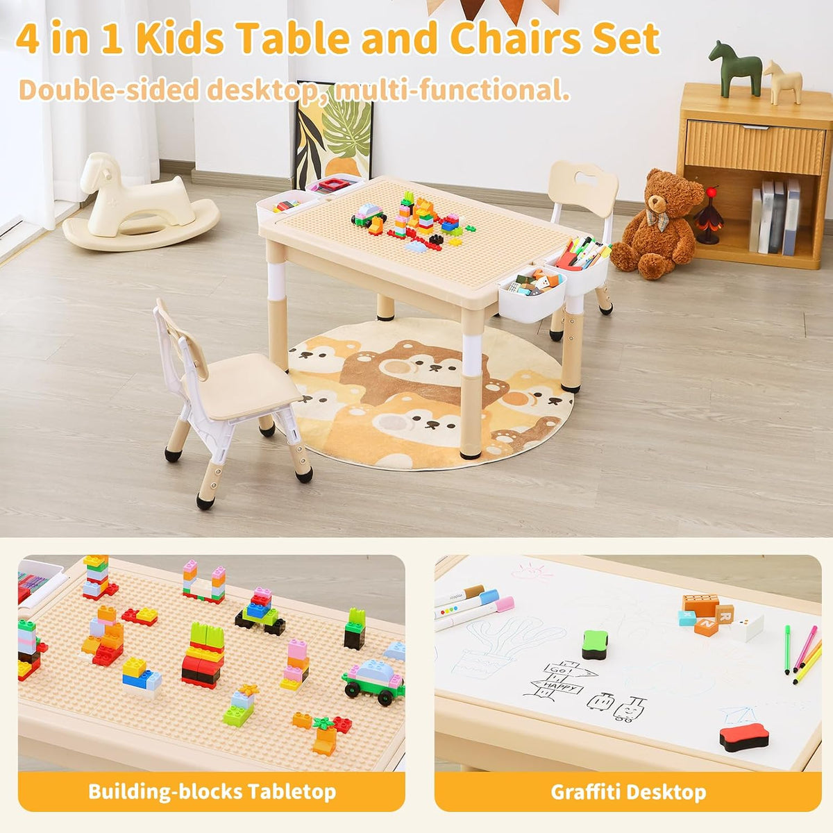 4 in 1 Kids Table and 2 Chairs Set, Large Storage Toddler Table and Chair Set with 4 Side Box, Graffiti/Building Blocks Double-Sided Tabletop, Multi-Functional Children Activity Table