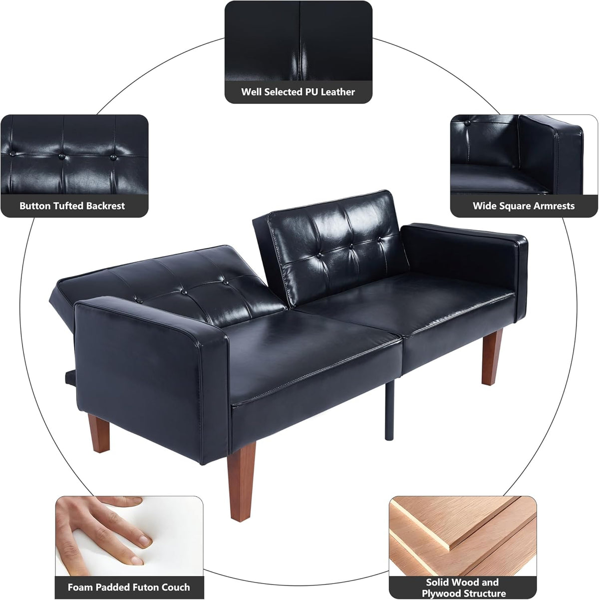 mikibama Convertible PU Leather Black Futon Sofa Bed with Split Back,Mid Century Modern Sleeper Couch Beds,68.11" Tufted Loveseat Futons for Living Room RV, Small Spaces