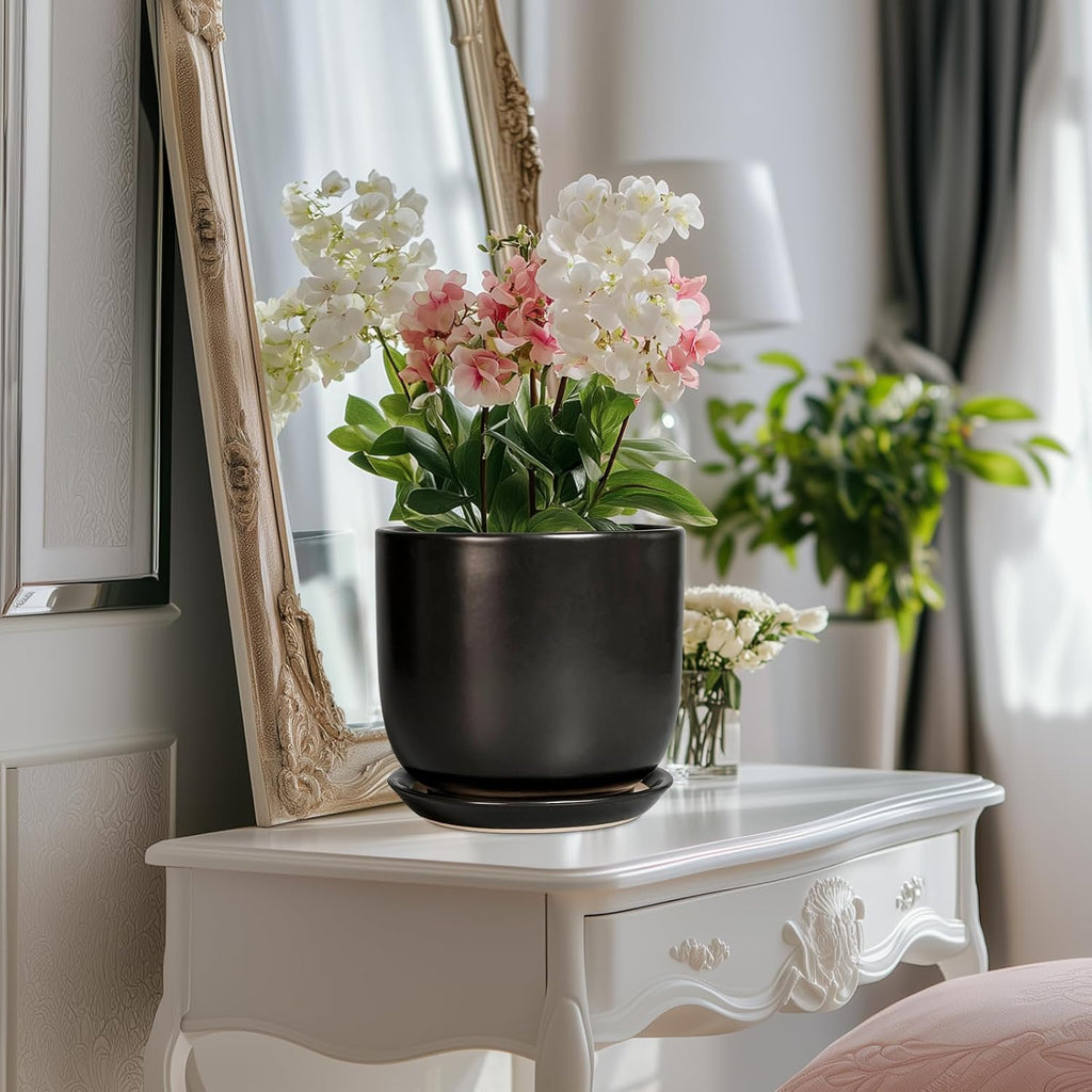 Ceramic Flower Pot 8 Inch - Modern Round Planter for Indoor Outdoor Plants with Drainage Hole and Saucer, Home House Room Office Patio Decor, Black