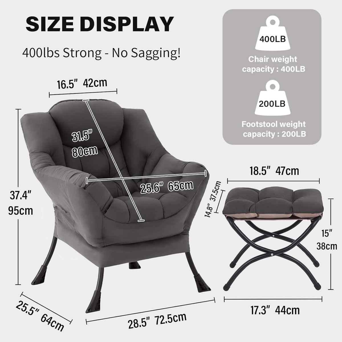 Tiita Lazy Chair, Gray Modern Large Accent Armchair, Comfy Leisure Sofa Reading Chair for Bedroom, Living Room, Dorm Rooms, Garden and Courtyard, Dark Grey