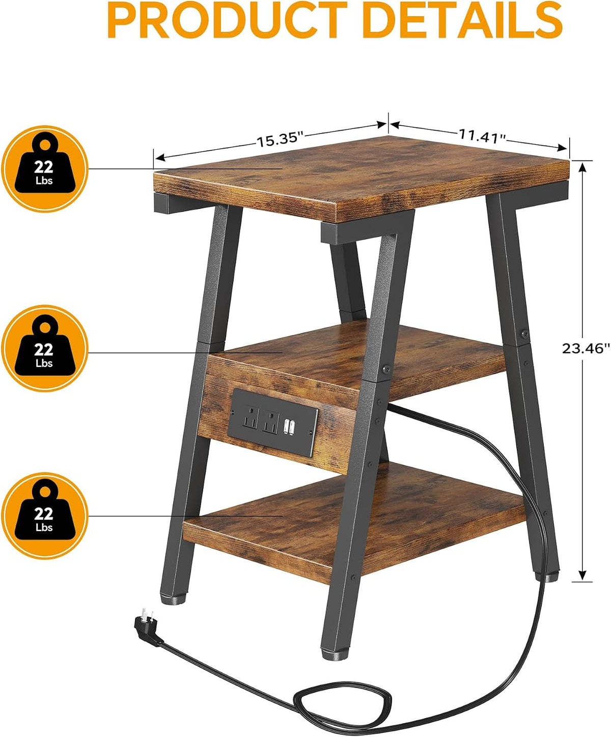 SIde Table with Charging Station, Small End Tables with Lucky 7 Metal Shape, 3-Tier Nightstand with Outlets and USB Ports, Adjustable Leveling Feet, Side Table for Living Room, Bedroom (Rustic Brown)