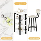 AWQM 3-Piece Bar Table and Chairs Set, Modern White Faux Marble Table with 2 PU Cushion Bar Stools, Kitchen Counter with 3 Tier Storage Shelves, Space Saving Table for Home & Kitchen, Black Frame