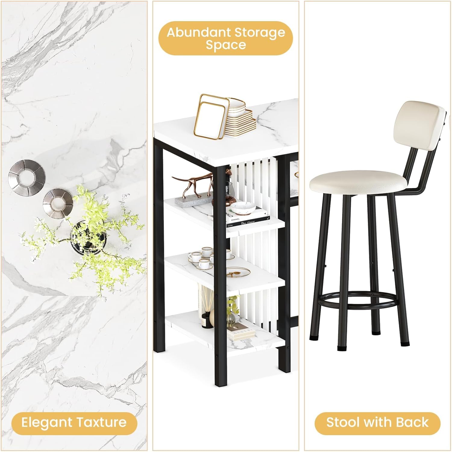 AWQM 3-Piece Bar Table and Chairs Set, Modern White Faux Marble Table with 2 PU Cushion Bar Stools, Kitchen Counter with 3 Tier Storage Shelves, Space Saving Table for Home & Kitchen, Black Frame