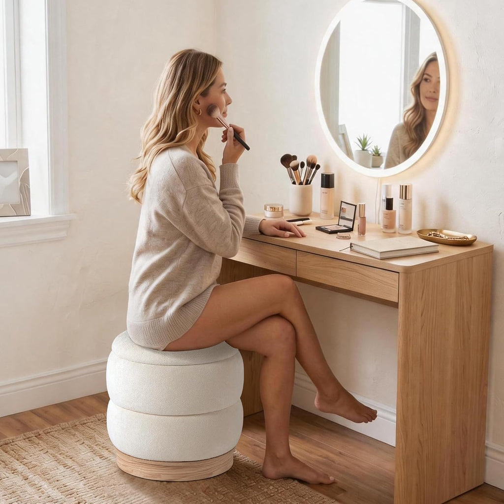 Get Set Style Round Ottoman with Wooden Base, Storage Vanity Stool for Makeup, Upholstered Footrest Stool Ottoman Foot Stool for Living Room, Bedroom