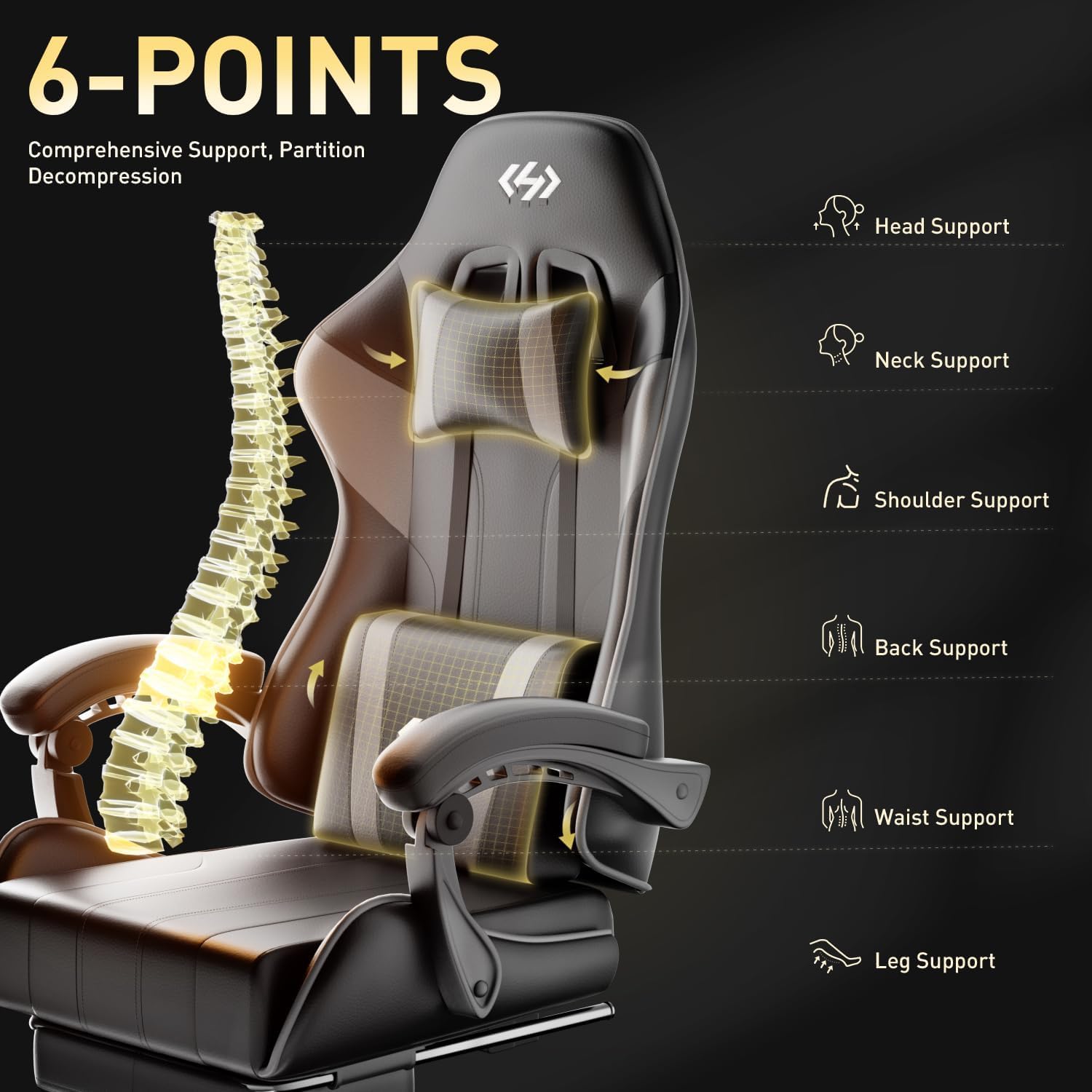 HLDIRECT Gaming Chair with Footrest, Lumbar Support & Headrest, Black&Grey | Ergonomic, 90°-135° recline, adjustable height & 360° swivel, PU leather and 45D foam, for adult gaming, work & relaxing