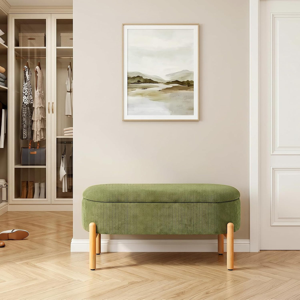 Storage Bench Ottoman With Hidden Storage And Corduroy Fabric, Green | Oval Upholstered Bench For Bedroom, Living Room, Entryway, Or Under Window With Soft Seat, Safety Hinge, And Wood Legs