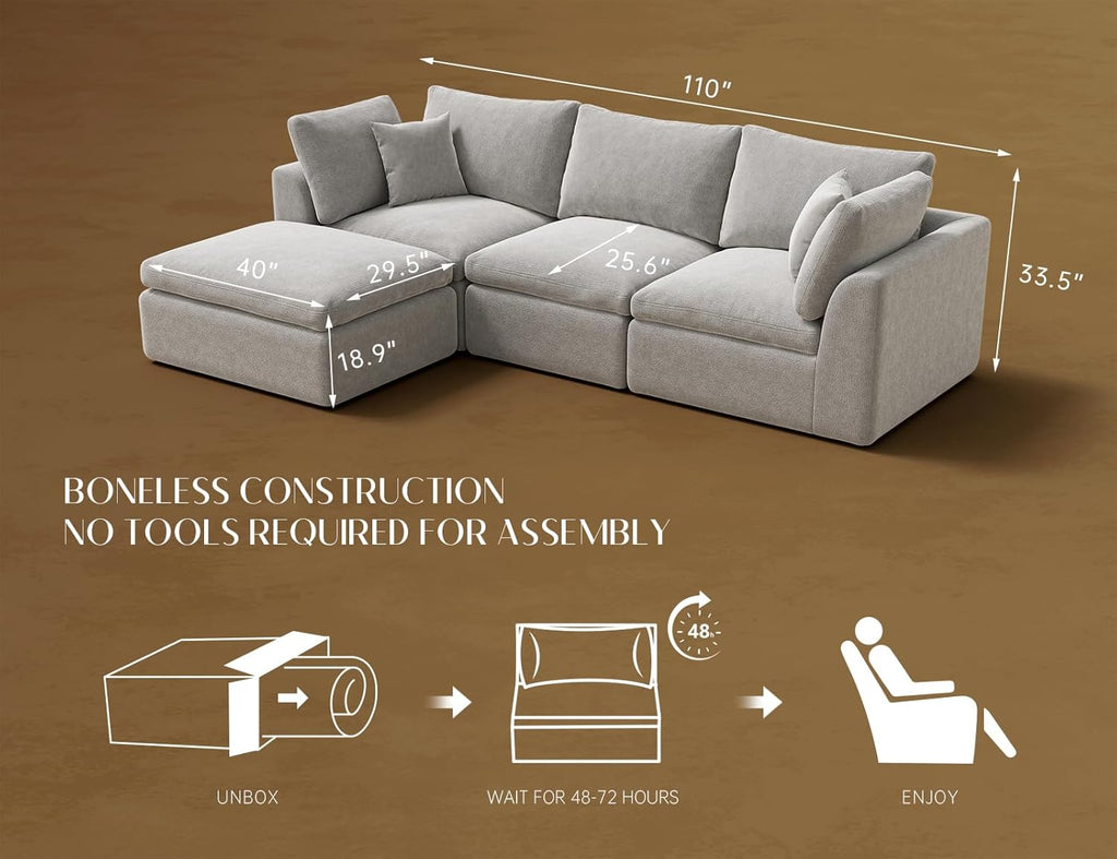 ohllob 110" Cloud Sectional Couches for Living Room, L-Shape Couch with Ottoman, 3 Seater Modular Sectional Sofa, Light Grey
