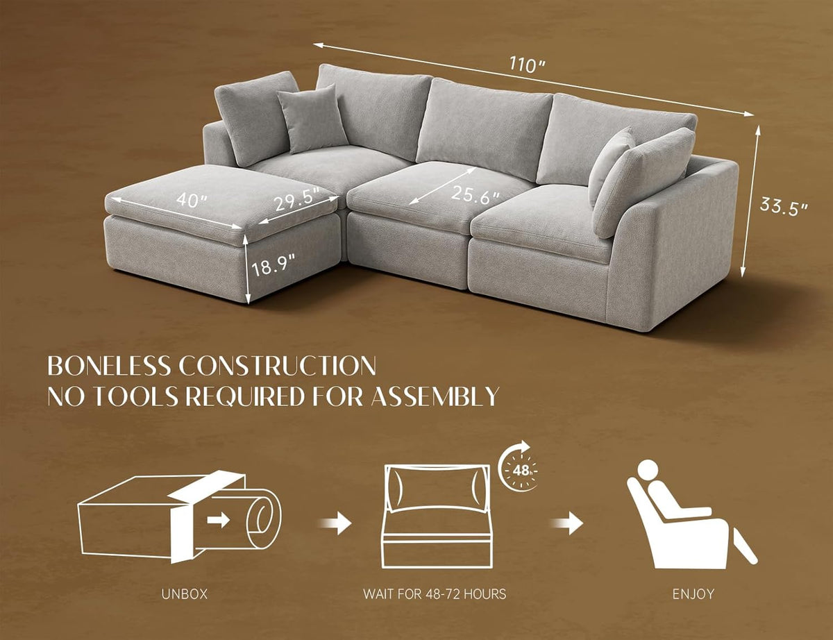ohllob 110" Cloud Sectional Couches for Living Room, L-Shape Couch with Ottoman, 3 Seater Modular Sectional Sofa, Light Grey