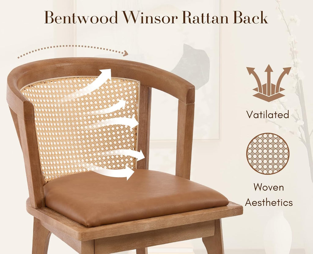 CIMOTA Mid-Century Modern Rattan Wood Dining Chairs Set of 4, Farmhouse Kitchen Chairs with Barrel Cane Backrest/Leather Upholstered Seat/Oak Finish for Dining Room/Cafe/Bistro,PU Brown