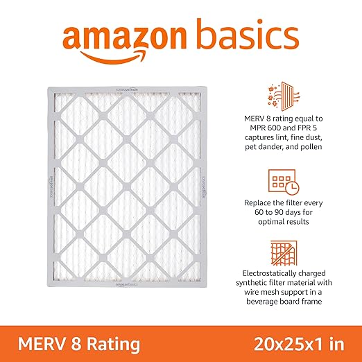 Amazon Basics 20x25x1 Air Filter 6 Pack, MERV 8 AC Furnace Filters (Actual Size: 19.75" x 24.75" x 0.75")