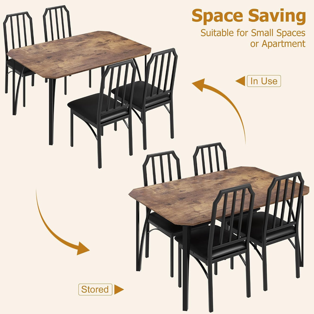GAOMON 5-Piece Dining Table Set for 4, Modern Kitchen Table with Chamfered Design and Upholstered Chairs, Leather-Cushioned Seats for Small Spaces and Apartments, Space-Saving (Brown/Black,5 Pack)
