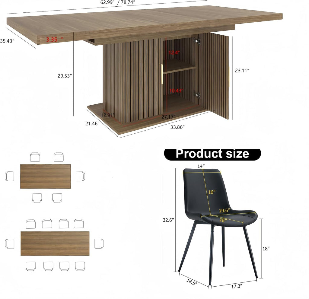 7 Piece Extendable Dining Table Set for 6, 63-79 Inch Brown Kitchen Table Set with 6 Black PU Leather Chairs，Farmhouse Wood Expandable Storage Cabinet Dining Room Table Set 6 for Kitchen Dining