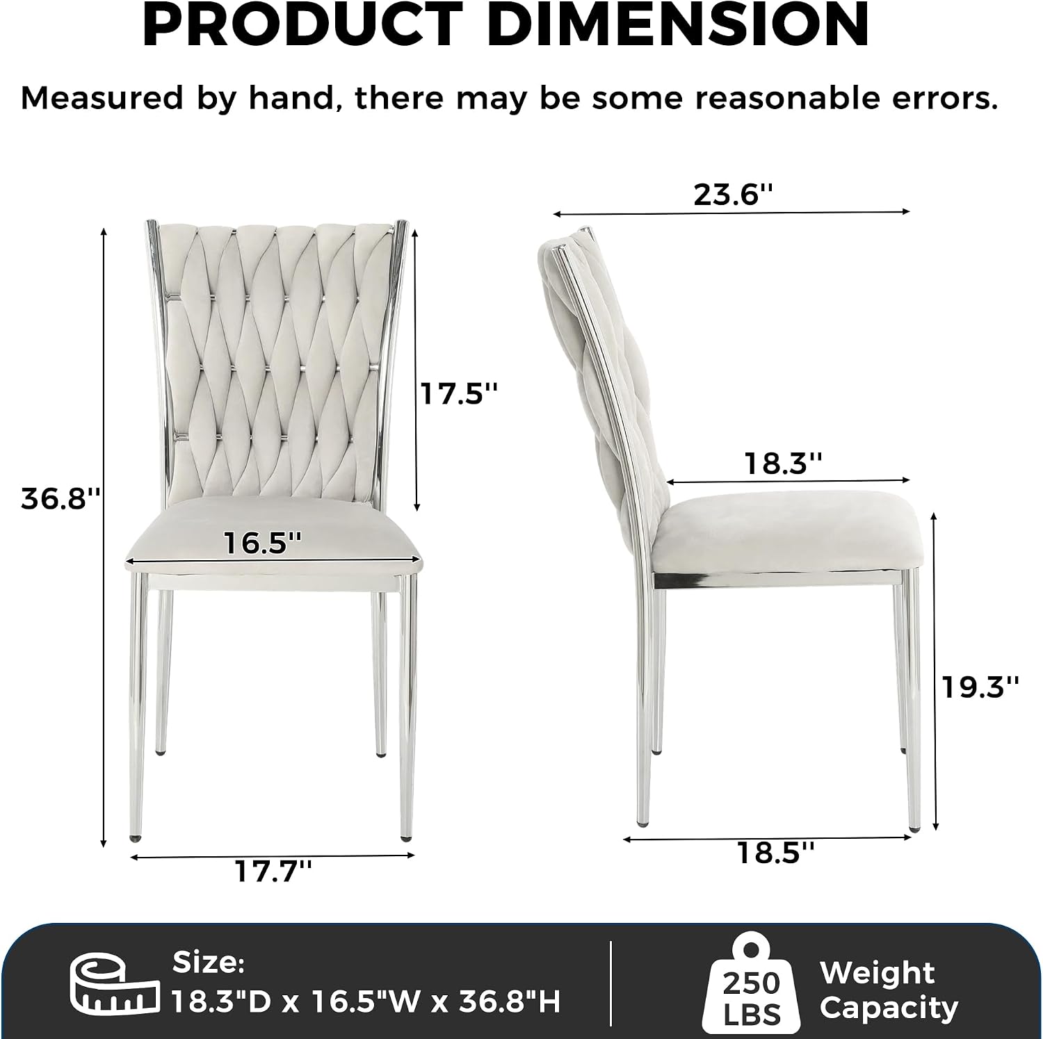 Velvet Dining Chairs Set of 6, Modern Woven Kitchen Chairs with Silver Metal Legs, Upholstered Cushion with High Back, Dirt Resistance, Easy to Install, for Living Room, Dining Room - Light Grey