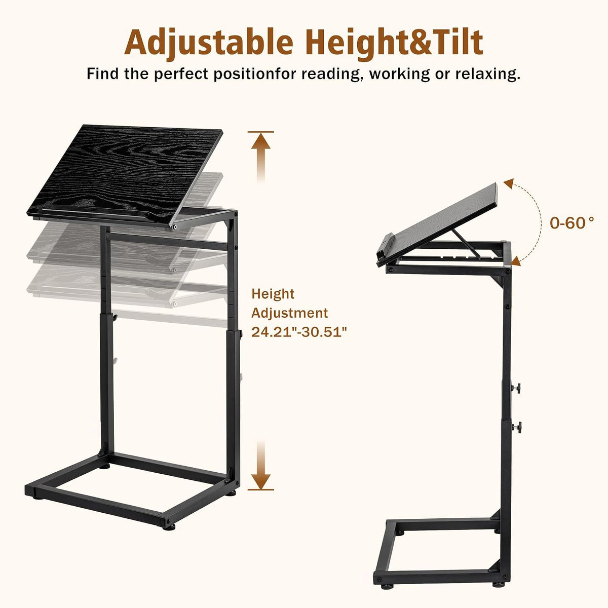 facka C Shaped TV Tray Table, Adjustable Height & 0-60° Tilt for Couch