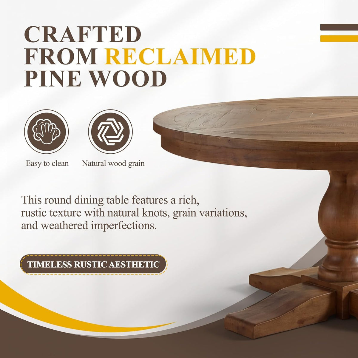 60" Round Dining Table, Reclaimed Wood Kitchen Table for 6-8, Farmhouse Circle Kitchen Table with Pedestal Curved Leg for Kitchen Dining Room Restaurant - Walnut