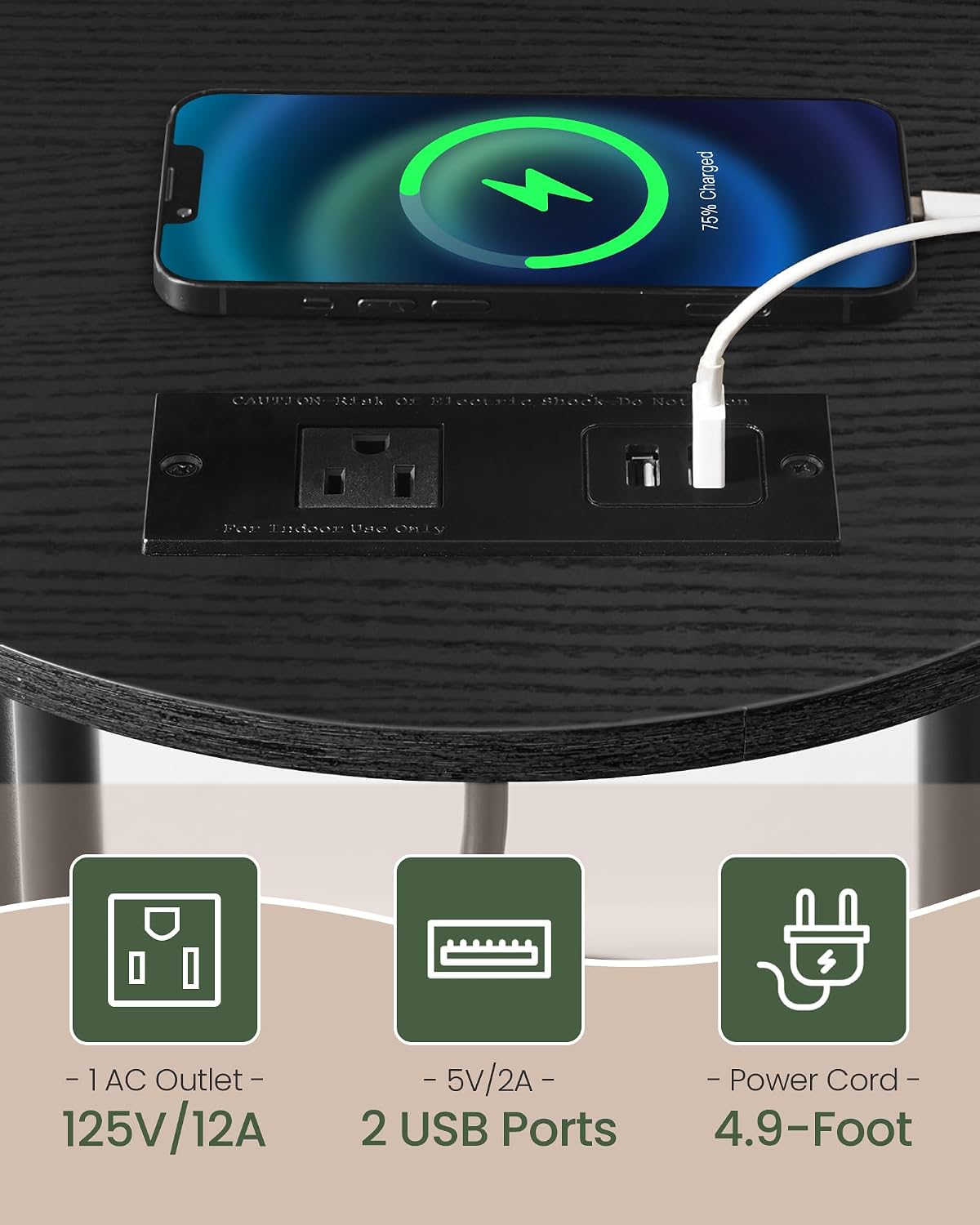 CHOEZON Small Round Side Table with Charging Station, 3-Tier Round End Table for Small Spaces, Nightstand for Living Room, Bedroom, Black TBZ06UBB