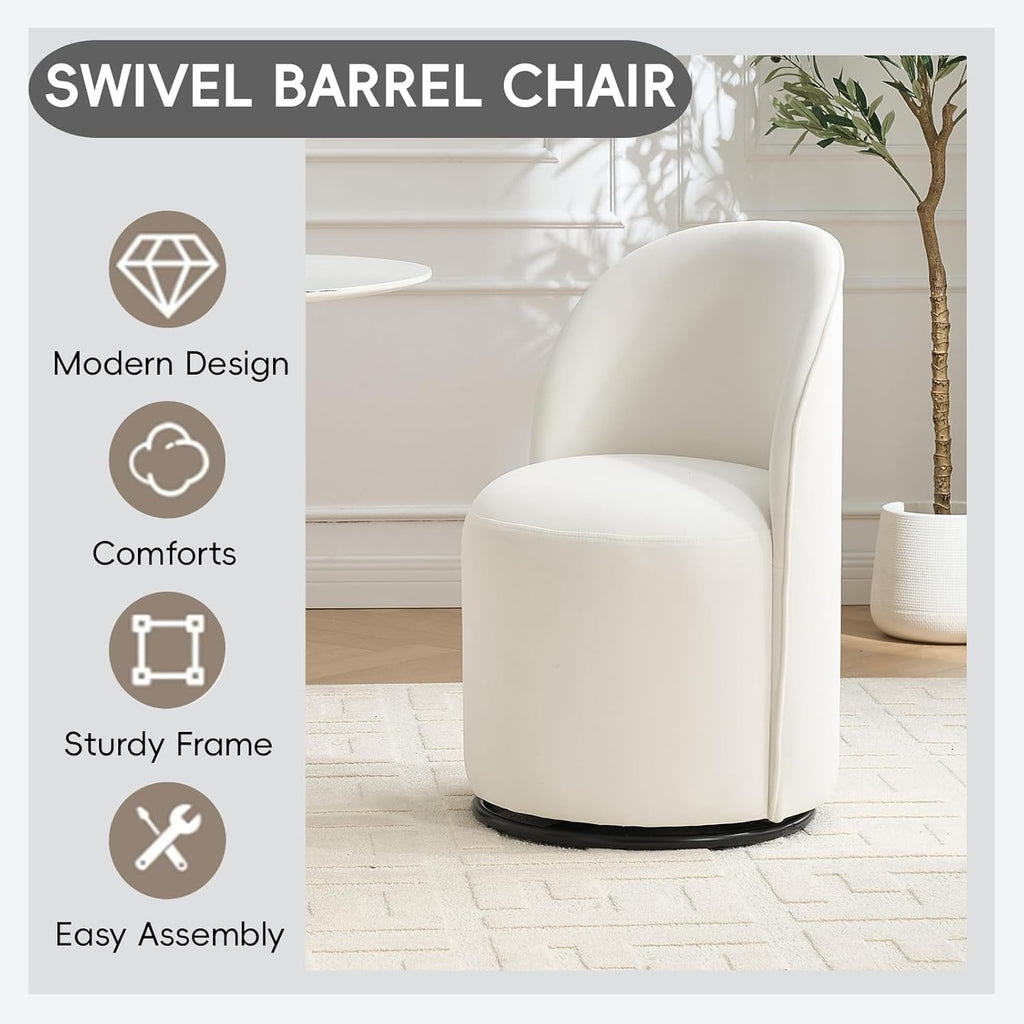 360 Degree Swivel Barrel Chair, Mid Century Modern Round Velvet Dining Chair Comfy Upholstered Accent Chair Makeup Vanity Side Chair for Kitchen & Dining Room Living Room Bedroom (Cream)