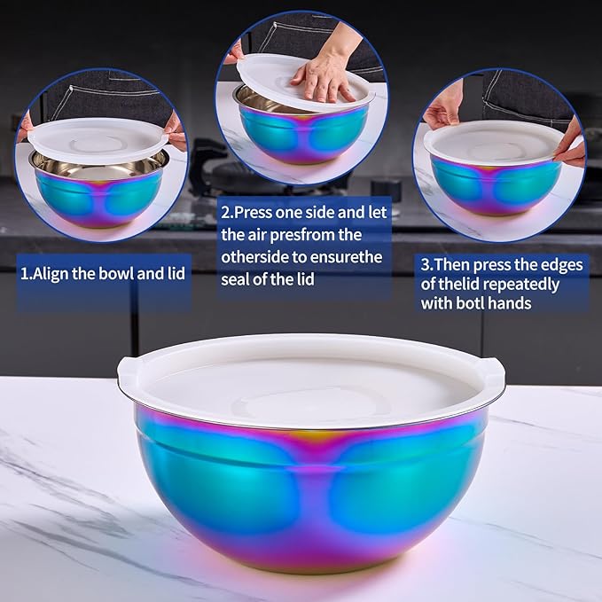 Colorful Mixing Bowls with Airtight Lids, Stainless Steel Nesting Mixing Bowls Set of 7, Ideal for Baking, Prepping and Serving Food, Size 7, 3.6, 2.7, 2.1, 1.5, 1.1,0.8 QT, Stackable Design