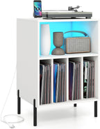 Giantex Record Player Stand with LED Lights & Charging Station, Turntable Stand with Record Holder, Record Player Table with Metal Legs, Vinyl Record Storage for Living Room, Music Room, White