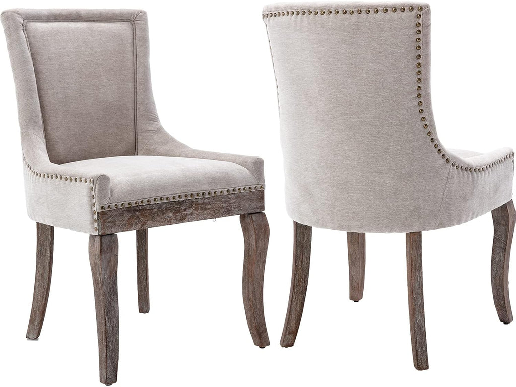 Upholstered Dining Chairs Set of 2, Beige Fabric Kitchen Chair with Nailhead Trim, Farmhouse High Back Kitchen & Dining Room Chairs, Solid Wood Legs, Sillas de Comedor (Beige, 2 Pcs)