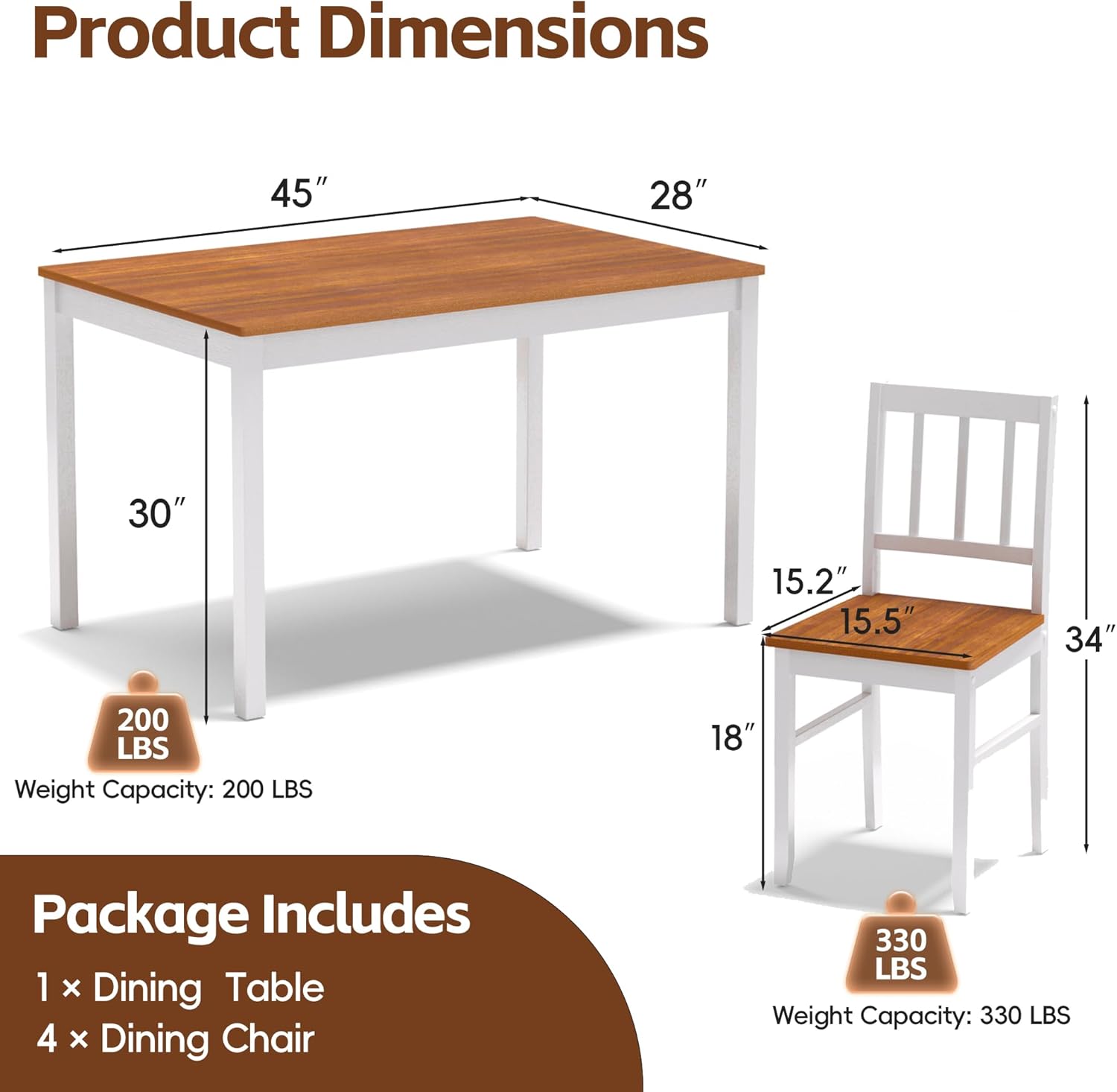 MU 5 Piece Dining Table Set for 4, Rectangular Wood Kitchen Table Chairs Set with Rubber Wood Legs, Space-Saving Farmhouse Dinette Set for Small Space, Dining Room, Apartment, Brown+White