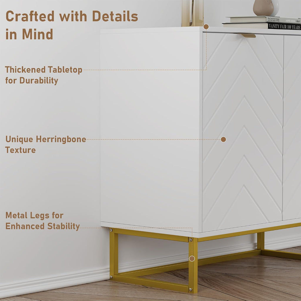Garvee 31.5 in Modern Sideboard Buffet Cabinet with Storage, Wood Accent Storage Cabinet with Herringbone Doors & Shelf, Credenza Console Table for Dining Room Living Room Entryway, White