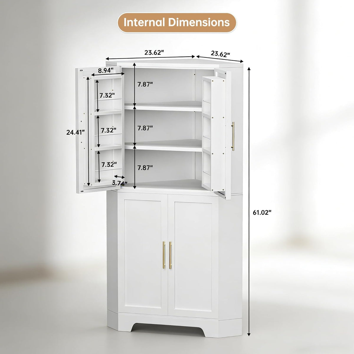 Corner Cabinet, Metal Storage, Kitchen Pantry Cabinet with Adjustable Shelves & Spice Rack, Tall Freestanding Corner Pantry with Shaker Doors & Gold Handles for Kitchen, Bathroom, Living Room (White)