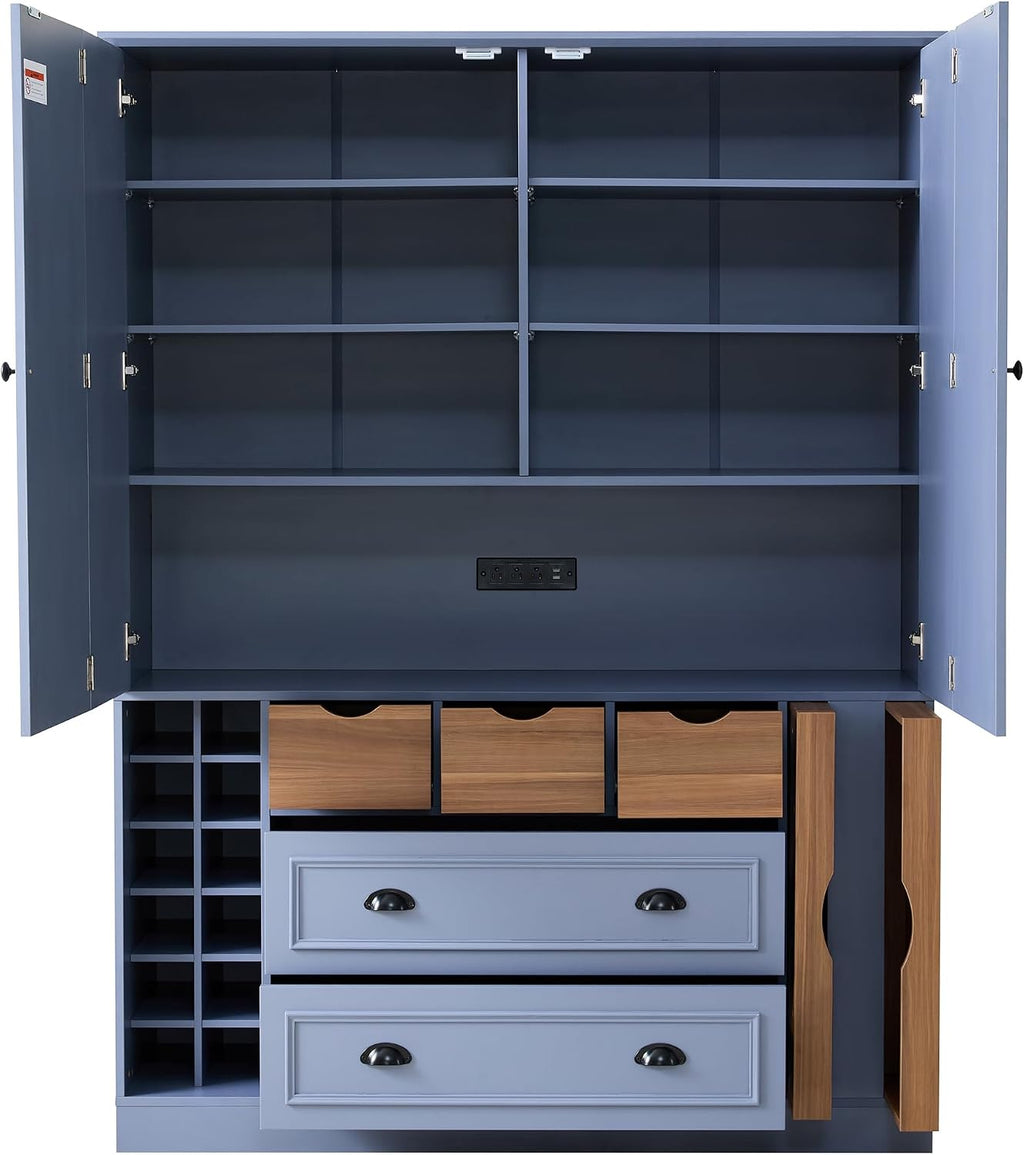 LUMISOL Farmhouse Kitchen Pantry Cabinet, 71" Tall Freestanding Storage Cabinets with Foldable Doors, Power Outlet and Shelves, Dining Storage Cabinet Cupboard with Wine Racks and Serving Trays, Gray