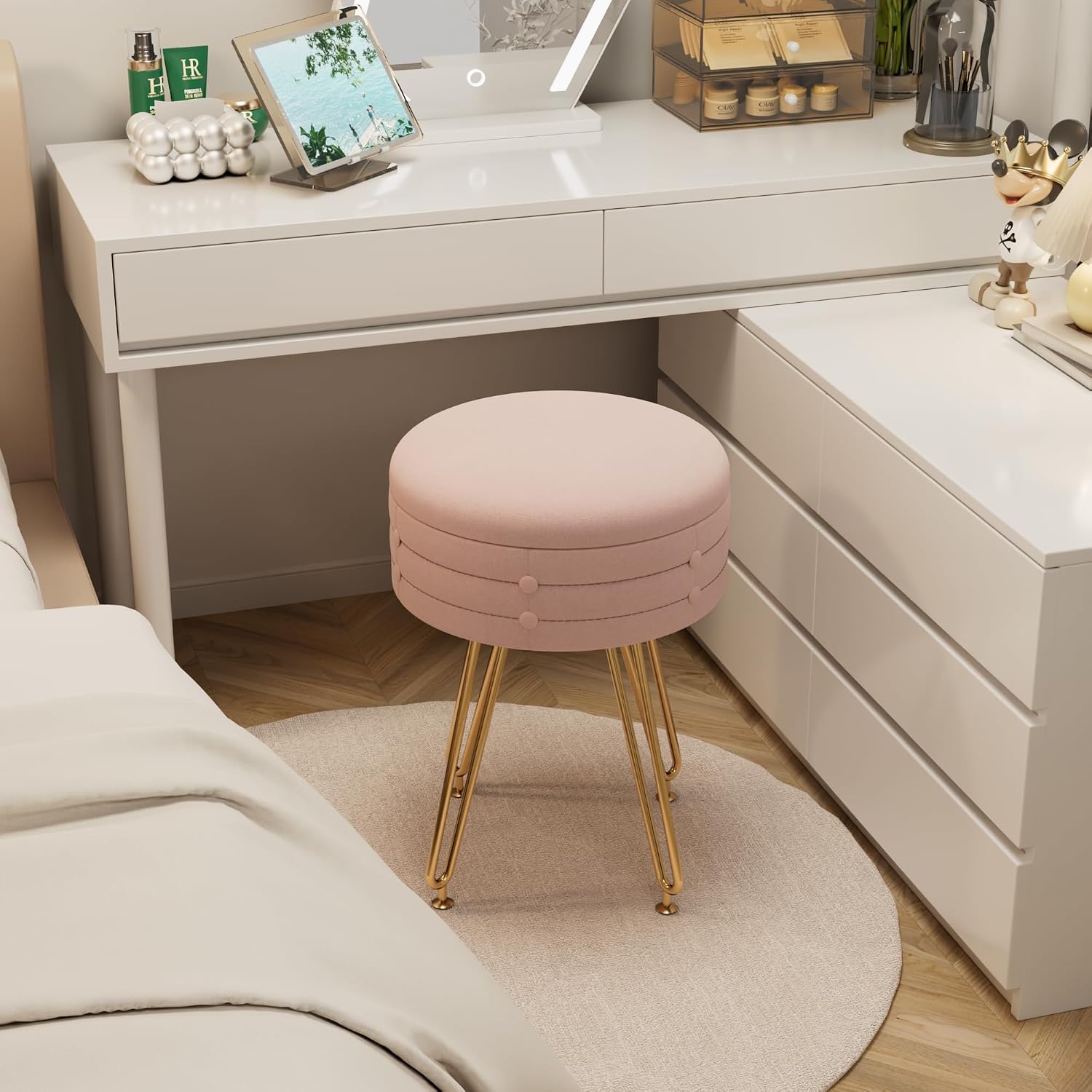 VECELO Round Velvet Vanity Stool with Storage, Faux Fur Padded Makeup Chair with 4 Metal Legs for Bedroom, Pink