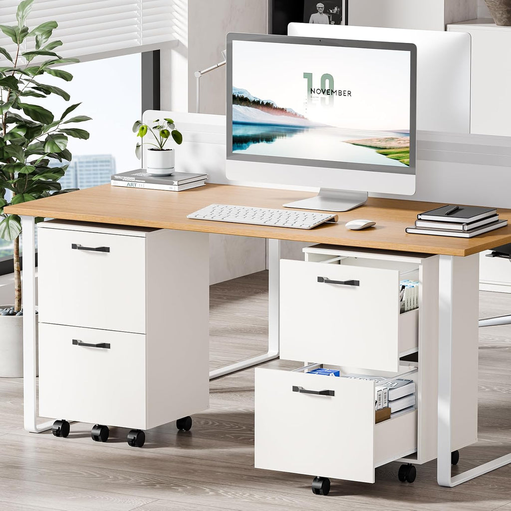 DUMOS 2 Drawer Storage Cabinet, Rolling Under Desk Storage, White | Not for Hanging Files, Printer Stand, Lockable Wheels, Mobile Wood Home Office Organizer