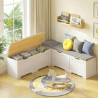 Zevemomo 63" L Shaped Storage Bench with Cushion, Kitchen Breakfast Nook Benches, Corner Storage Bench for Living Room, Kitchen, Entryway, White and Grey