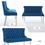 Shenyon Velvet Upholstered Dining Bench with Back, Tufted Loveseat Bench with Silver Stainless Steel Legs and Nailhead Trim, Banquette Seating for Dining Room, Kitchen, Entryway (Blue, Dining Bench)