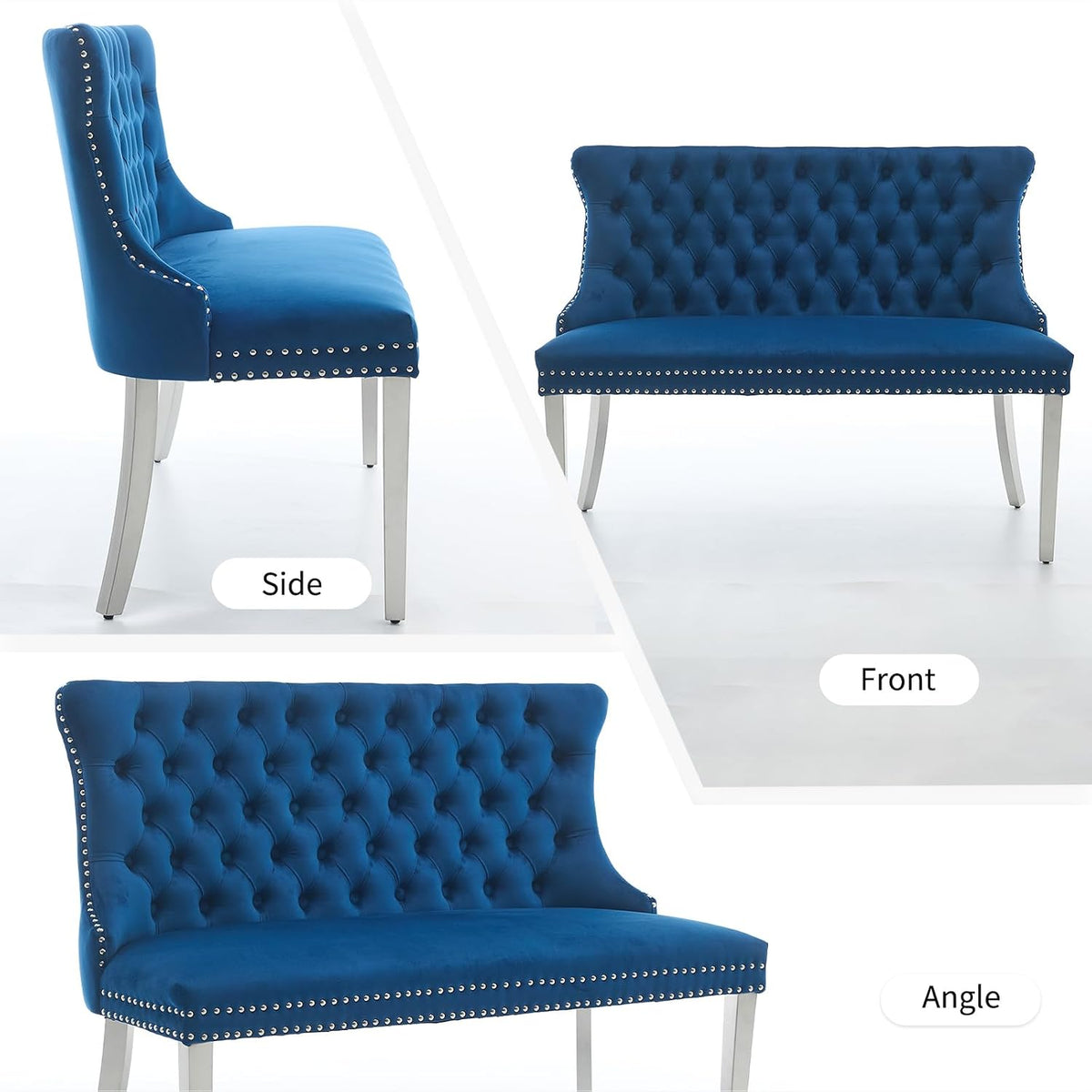 Shenyon Velvet Upholstered Dining Bench with Back, Tufted Loveseat Bench with Silver Stainless Steel Legs and Nailhead Trim, Banquette Seating for Dining Room, Kitchen, Entryway (Blue, Dining Bench)